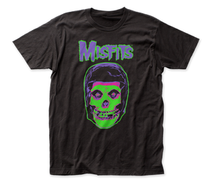 The Misfits logo and Crimson Ghost art printed in neon green and purple on a black unisex t-shirt