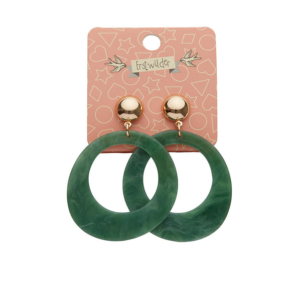 pair Essentials Collection green ripple texture 100% Acrylic resin circle suspended from a shiny gold metal dome post drop earrings, shown on illustrated cardstock header packaging