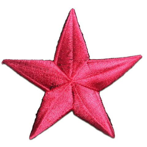 An embroidered patch of a military style star in a bright pink color