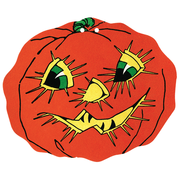 An orange jack-o’-lantern with large yellow eyes and open mouth 