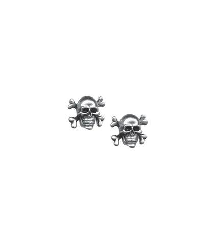 A pair of silver plated stud earrings in the shape of two skull and crossbones 
