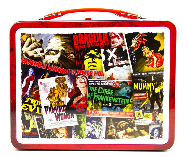 A metal lunchbox with collage art of classic Hammer Horror movie posters. With a red plastic handle and metal latch. Image shows back of box art
