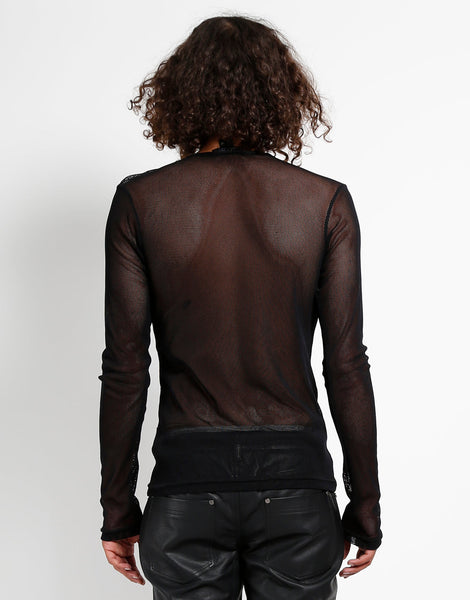 black net long sleeve crew neck shirt in men's sizing, shown back view on model