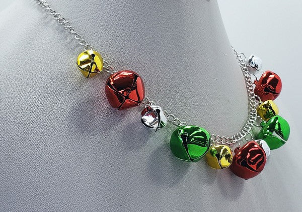 necklace of multi-color varying size jungle bells on shiny silver metal 19" chain