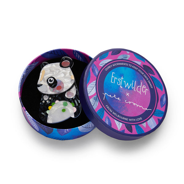 artist Pete Cromer x Erstwilder Wildlife Collaboration Collection "The Patient Panda" black and white layered resin brooch, shown in illustrated round box packaging
