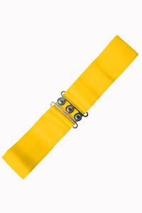 elastic waist belt in a bright yellow color with a vintage-inspired three circle silver metal buckle