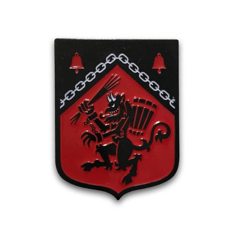 1 3/4" Krampus Rampant Heraldic Shield black, red, white enameled black metal clutch back pin