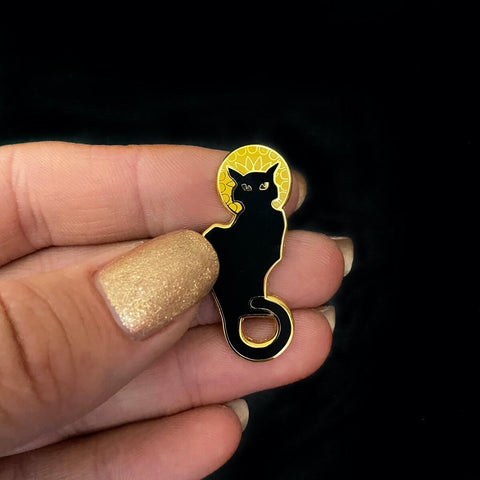 Art Nouveau Collection "Le Chat Noir" sleek sleek black cat enameled gold metal clutch back pin