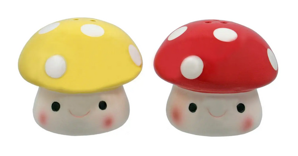 set of red & white and yellow & white hand-painted ceramic toadstool mushroom shaped salt & pepper shakers with blushing smiling faces