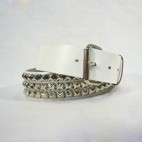 1 3/4" genuine leather white belt with 3 rows of 1/2" pyramid studs and removable buckle