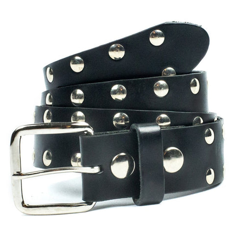 1 1/2" genuine leather black belt with 2 rows of 3/8" metal rivets in silver and removable buckle