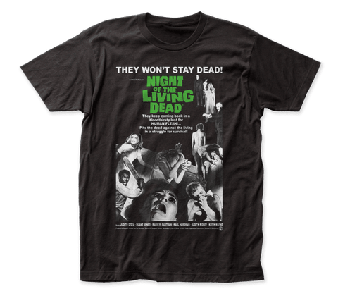 guy's sizing fitted black t-shirt featuring screenprinted theatrical release poster image for George Romero's 1968 zombie classic Night of the Living Dead