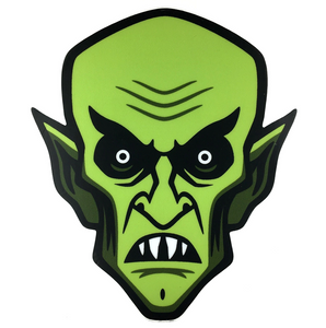 illustrated die-cut vinyl sticker in multi green colors depicting of the face of Max Schreck as vampire "Count Orlok" from the 1922 German Expressionist silent film, Nosfertu: A Symphony of Horror