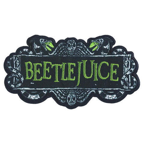 a black, green, and white printed satin with embroidered details patch of the illustrated logo for Tim Burton's 1988 film classic Beetlejuice