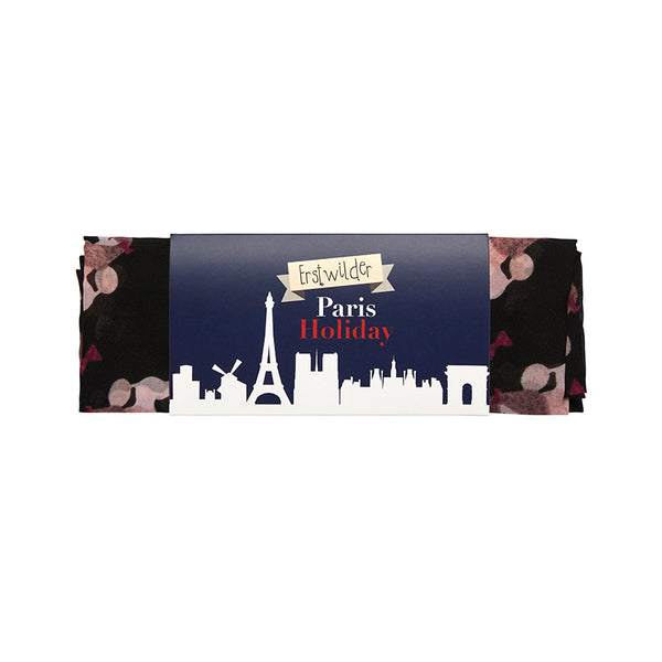 Paris Holiday Collection "Madame Caniche" vintage inspired semi-sheer black background pink poodle print scarf, shown in illustrated packaging