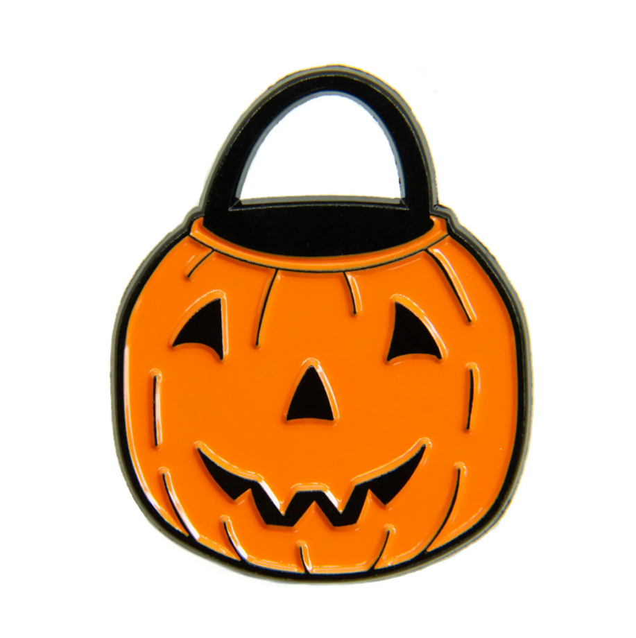 Vintage style orange jack-o'-lantern Halloween treat bucket enameled black metal clutch back fastener pin