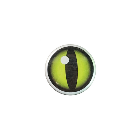 Cat eye with a green iris and big black pupil on a round metal pin