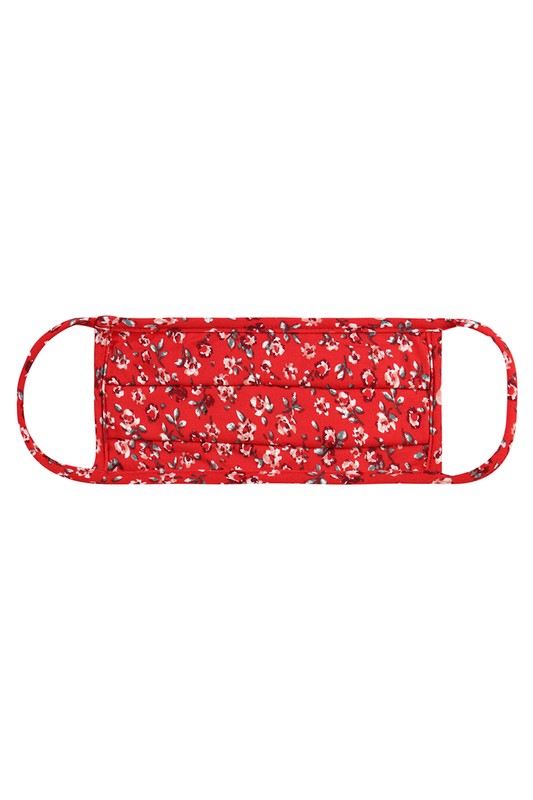 red background ditsy floral print pleated poly/cotton blend knit face mask with self trim and ear loops
