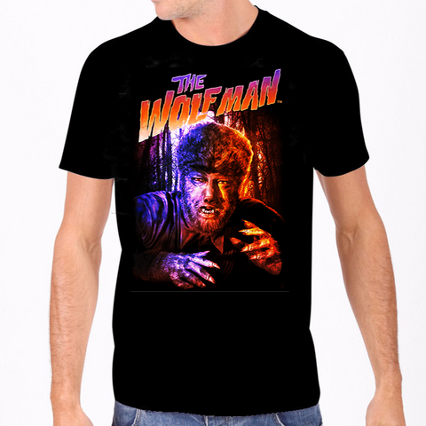 Colorful print of Lon Chaney Jr. in his iconic role as "The Wolfman" on a 100% cotton men's black t-shirt, shown on model