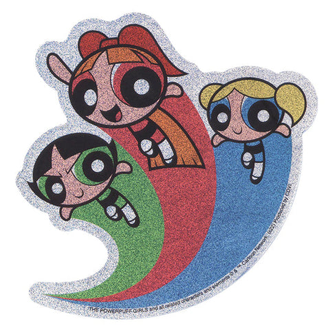 sparkly die-cut vinyl sticker of The Powerpuff Girls in mid flight
