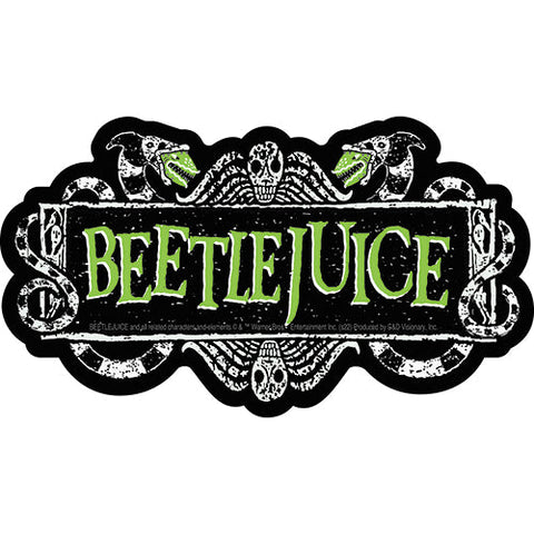 black, green, and white die-cut vinyl sticker of the illustrated logo for Tim Burton's 1988 film classic Beetlejuice