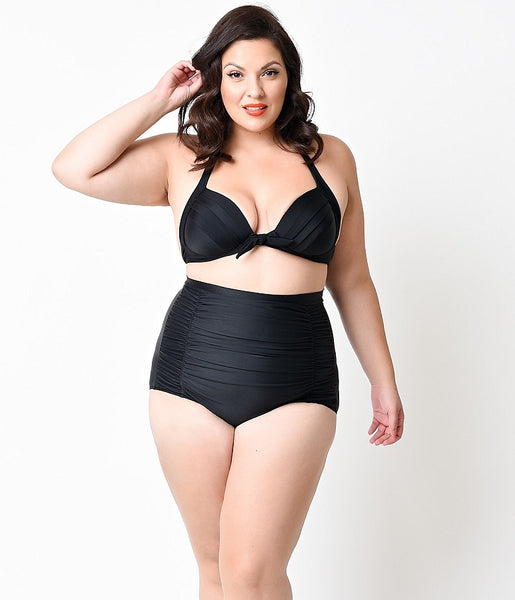 solid black 50s style high-waist ruched front swim bottoms, shown on model