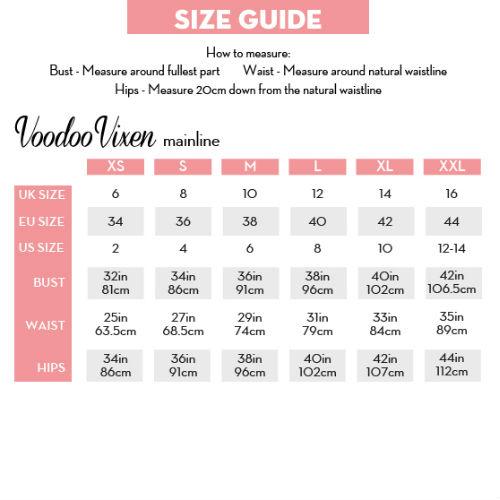 Voodoo Vixen Size Guide info graphic