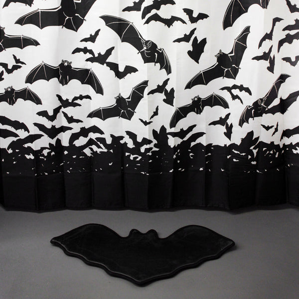 72" x 72" Polyester white with black Spooksville Bats pattern Shower Curtain with rings included, shown with matching bat bath mat