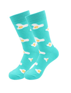 Allover over-easy eggs print soft and comfortable sky blue cotton blend crew socks