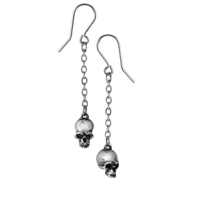 pair "Deadskull" 1/8" x 3/8" x 1/8" antiqued pewter jawless skulls on delicate 1" chain dangle earrings with silver plated hooks