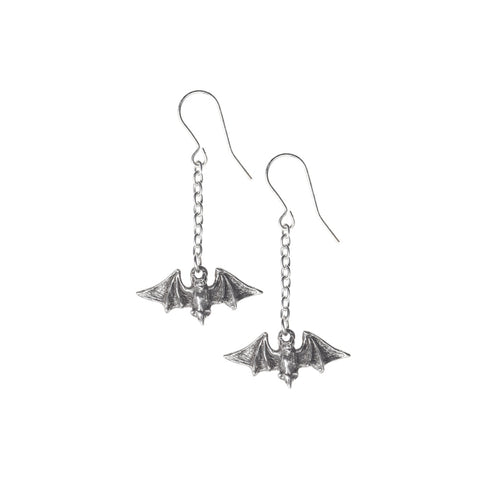 "Kiss the Night" 1 1/8" x 1/2" antiqued pewter hanging bats on delicate 1" chain dangle earrings with stainless steel hook
