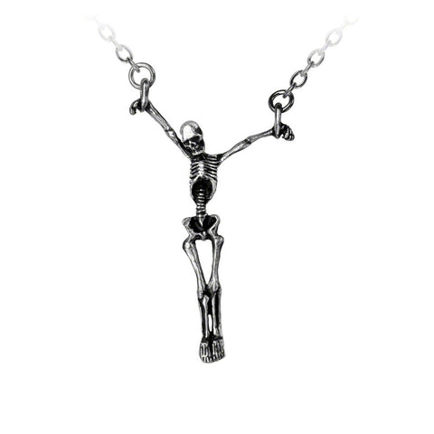 "Lost Soul" 1 5/8" x 2 5/8" polished pewter shackled hanging skeleton pendant on 21" silver metal chain