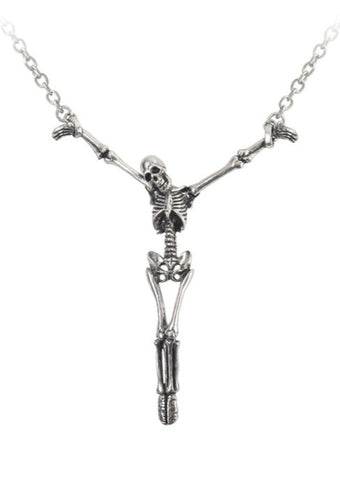 "Alter Orbis" 3 1/2" x 4 1/4" shackled arms outstretched skeleton pewter pendant on 16" - 17 1/2" silver metal chain