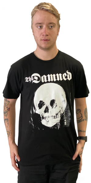 The Damned "Stretcher Case Baby" cover artwork featuring Charles Allan Gilbert's "All is Vanity"  skull woman mirror white screenprint on black 100% cotton t-shirt, shown on model
