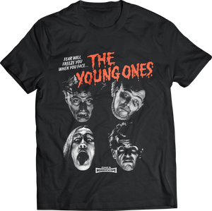tv show "The Young Ones" red text logo and "fear will freeze you when you face..." white text and four main characters heads horror portraits on men's sizing black cotton t-shirt, shown flatlay