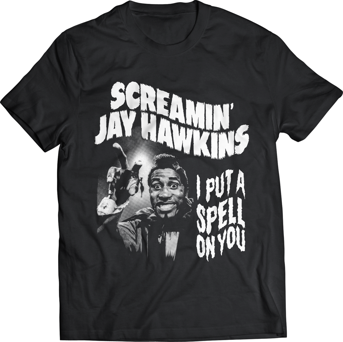 men's sizing black cotton t-shirt with white screenprint "Screamin' Jay Hawkins" and "I put a spell on you" text and photographic portrait on front, shown flatlay