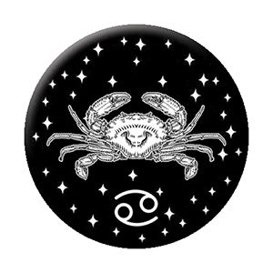 black and white illustrated Cancer zodiac sign imagery on 1.25" round metal pinback button