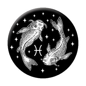 black and white illustrated Pisces zodiac sign imagery on 1.25" round metal pinback button