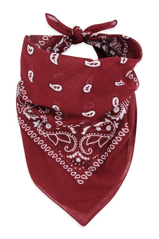 100% Cotton 20" square classic bandana in burgundy with white paisley print, shown folded diagonally and tied to be worn bandit style