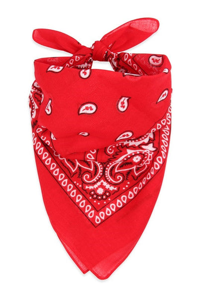 100% Polyester 21” square classic bandana in red with white paisley print, shown folded diagonally and tied to be worn bandit style