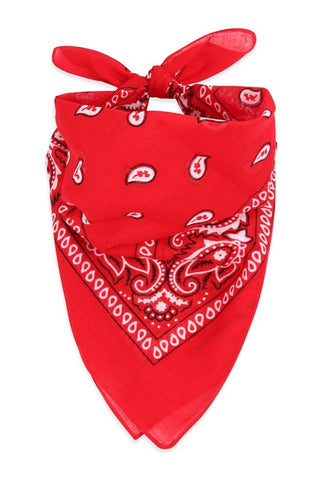 100% Cotton 20" square classic bandana in red with white paisley print, shown folded diagonally and tied to be worn bandit style