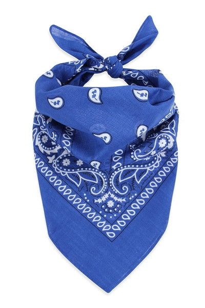 100% Cotton 20" square classic bandana in royal blue with white paisley print, shown folded diagonally and tied to be worn bandit style