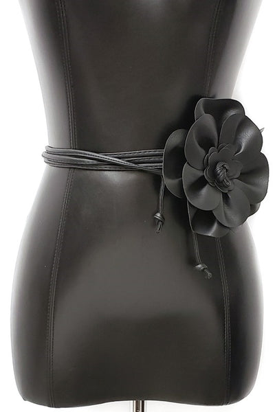 6" black faux leather flower belt with 2 59" faux leather ties for fastening, shown on dress form