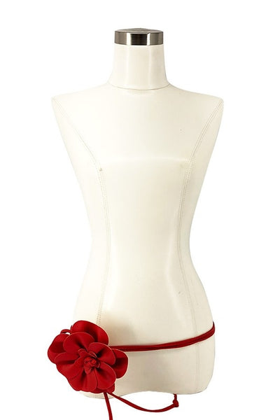 6" red color faux leather flower belt with 2 59" faux leather ties for fastening, shown on dress form torso