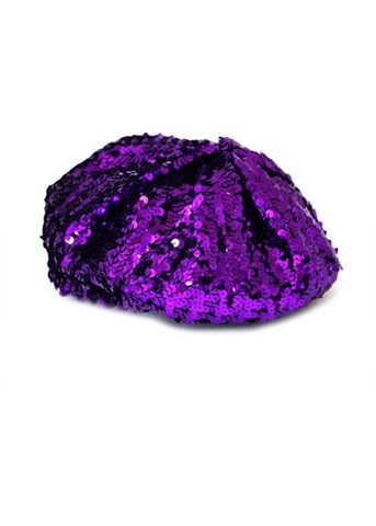 sparkly shiny "French" beret in stretchy knit purple sequin material