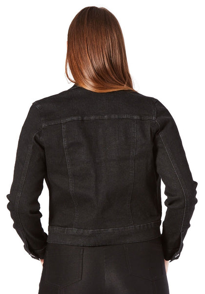 black long sleeve sturdy stretch cotton denim jacket in a slightly cropped length, with Sourpuss branded buttons and chest & hand pockets. Shown on model.