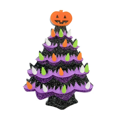 "This is Chrismaween" black, purple, orange, green, and white retro ceramic light up Christmas tree decor Halloween style 2 1/2" x 3 3/8" layered laser-cut resin brooch