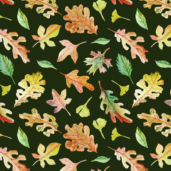 dark green background fall leaves print fabric swatch close up