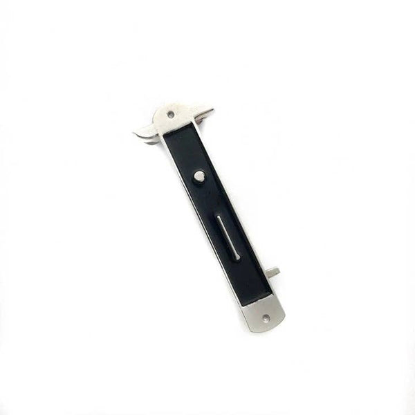 shiny silver metal and black enamel switchblade stiletto knife lapel pin with retractable blade, shown closed