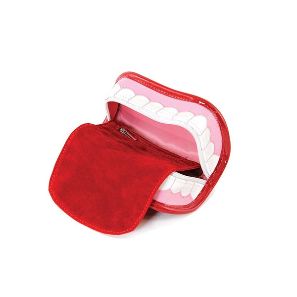 6.5" wide grinning mouth shaped patent vinyl novelty coin purse with interior red faux suede foldable "tongue" zip closure pouch